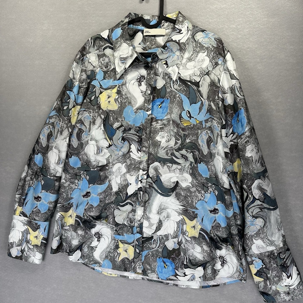Tory Burch Silk Floral Shirt Blouse Size 14 Blue Tripped Out Flowers 163478 EUC